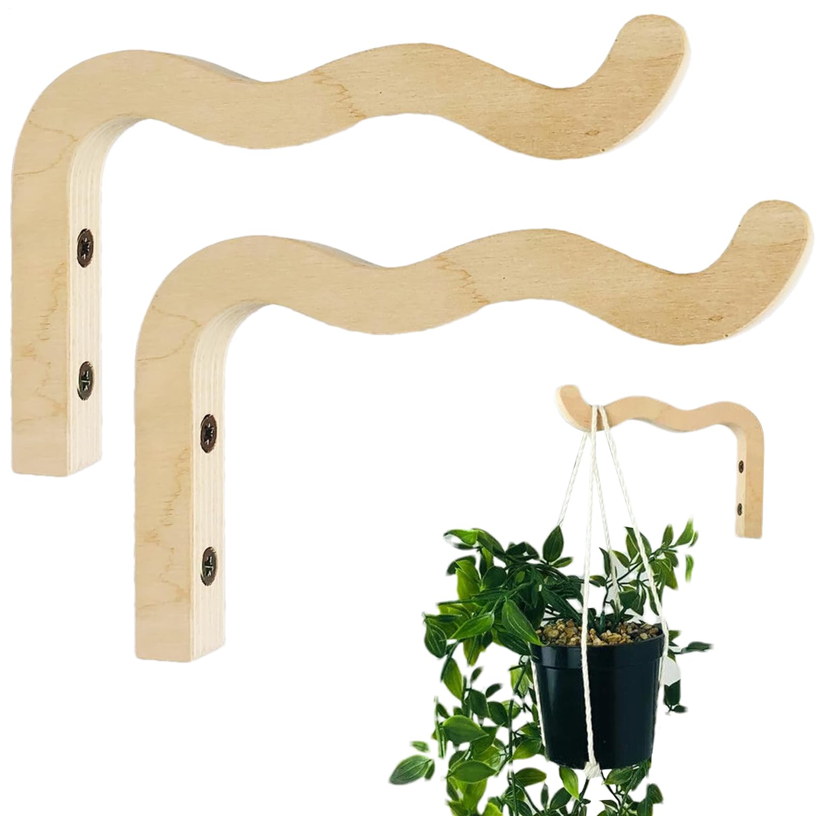 2 Pack Hanging Plant Hook, Wooden Wall Planter for Indoor Plants Baskets, Wall Brackets for Pot, Wind Chimes, Planter, Hanging Baskets, Patio Garden Decorations