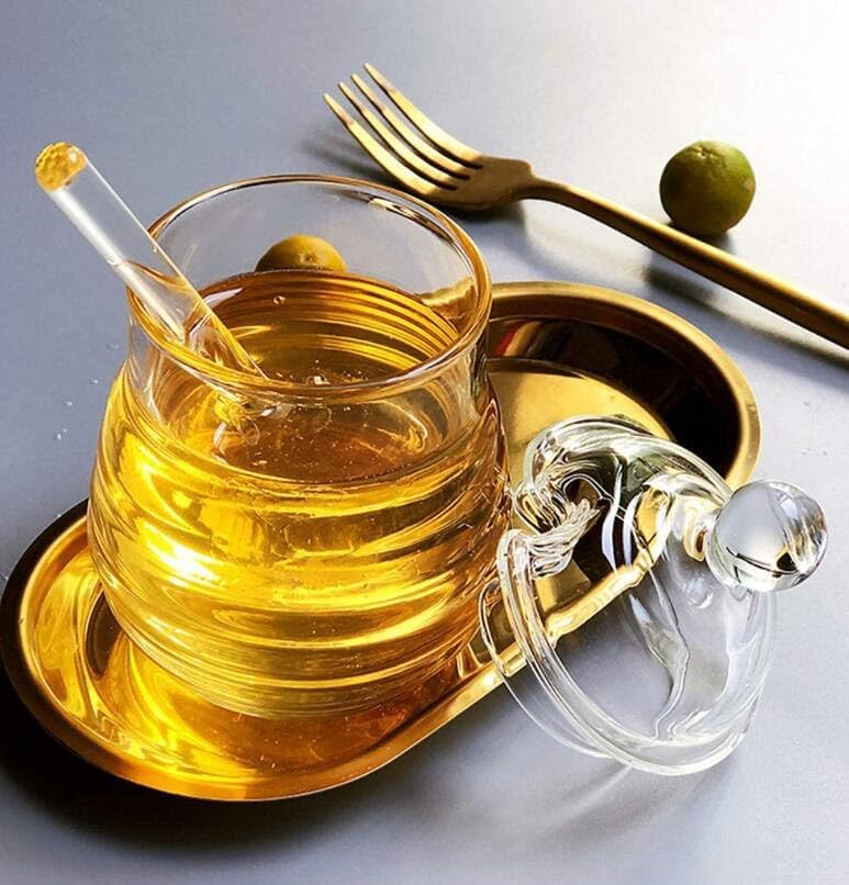 EatingBiting Glass Honey Jar with Dipper, Lid, and Clear Glass Dispenser