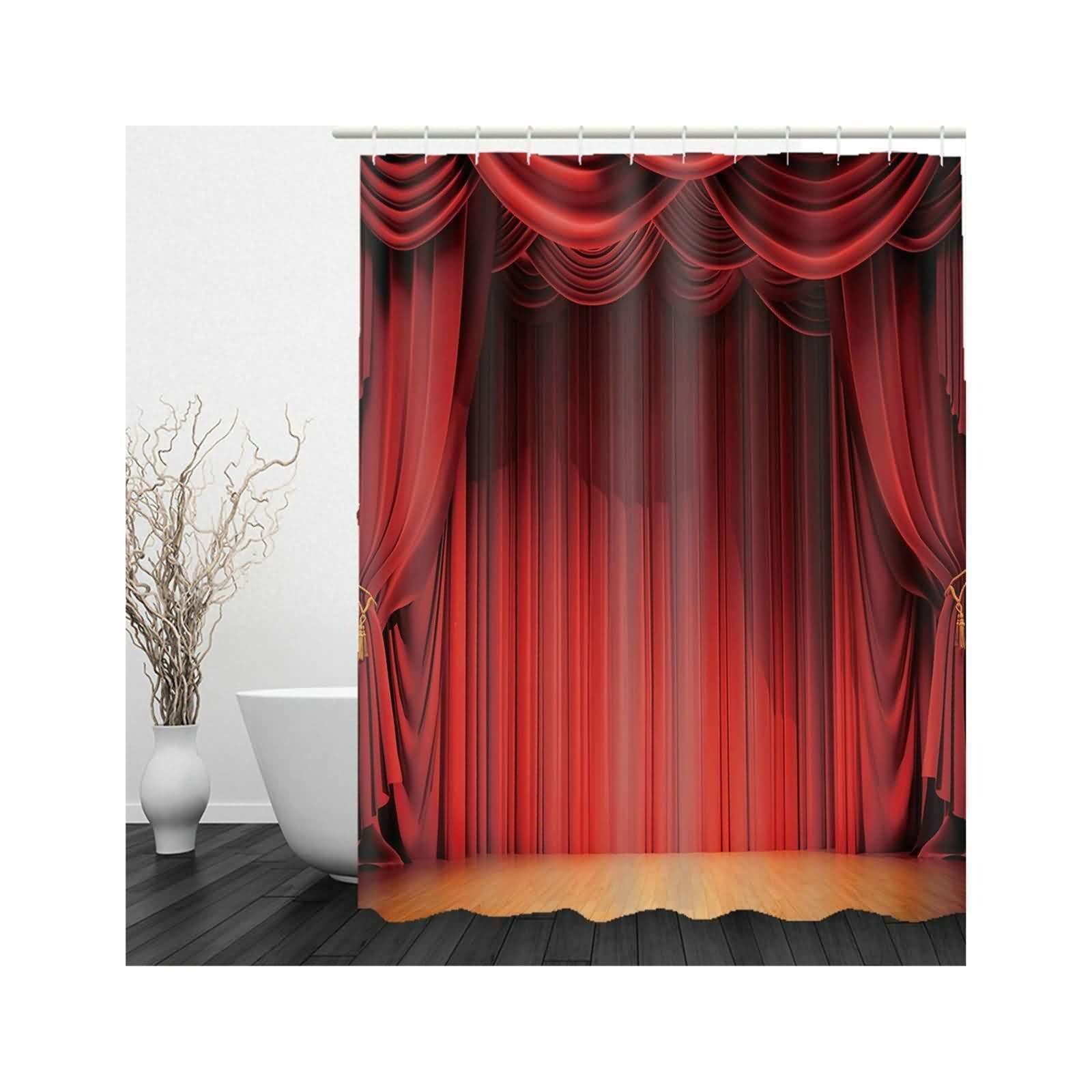 Rideau de douche textile rouge à motif avec anneaux pour salle de bain