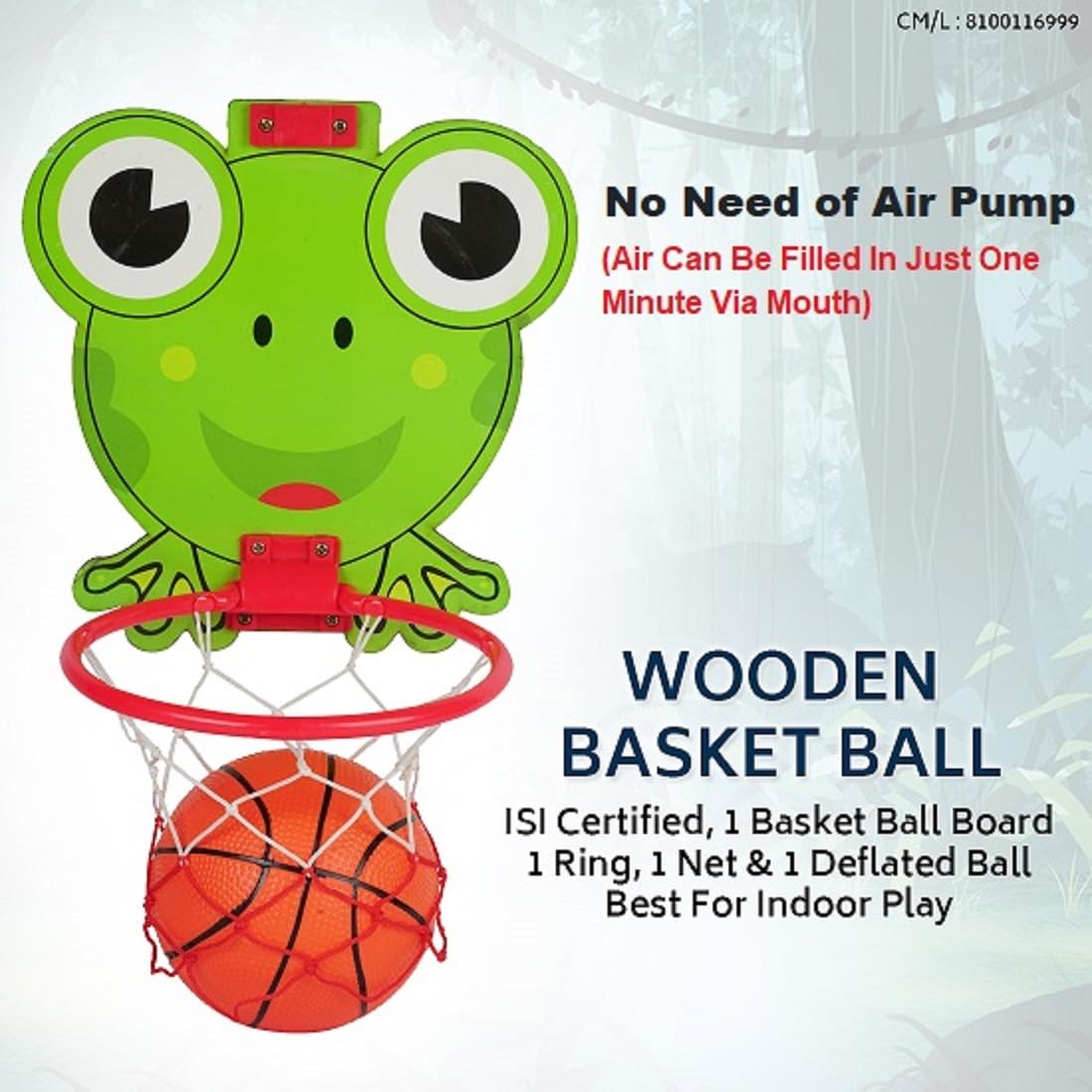 Asian Foldable Portable Frog Print Wooden Basketball for Kids (Green) - Image 3 thumbnail