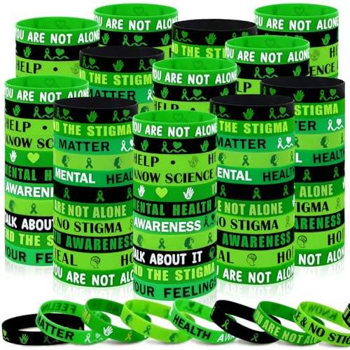 Moon Boat 144PCS Mental Health Awareness Month Bracelets Bulk Green Ribbons Rubber Stretch Wristbands Inspirational Message for Men Women