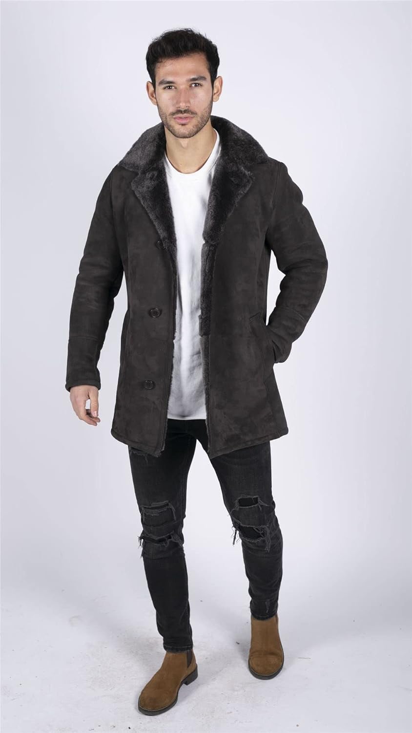 TruClothing Mens Real Sheepskin Coat Brown Vintage Classic 3/4 Jacket Button Down V Neck