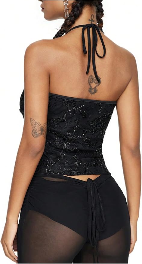 SHENHE Women's Sparkly Sequin Halter Crop Top - Backless Asymmetrical Rave & Party Top - View #11