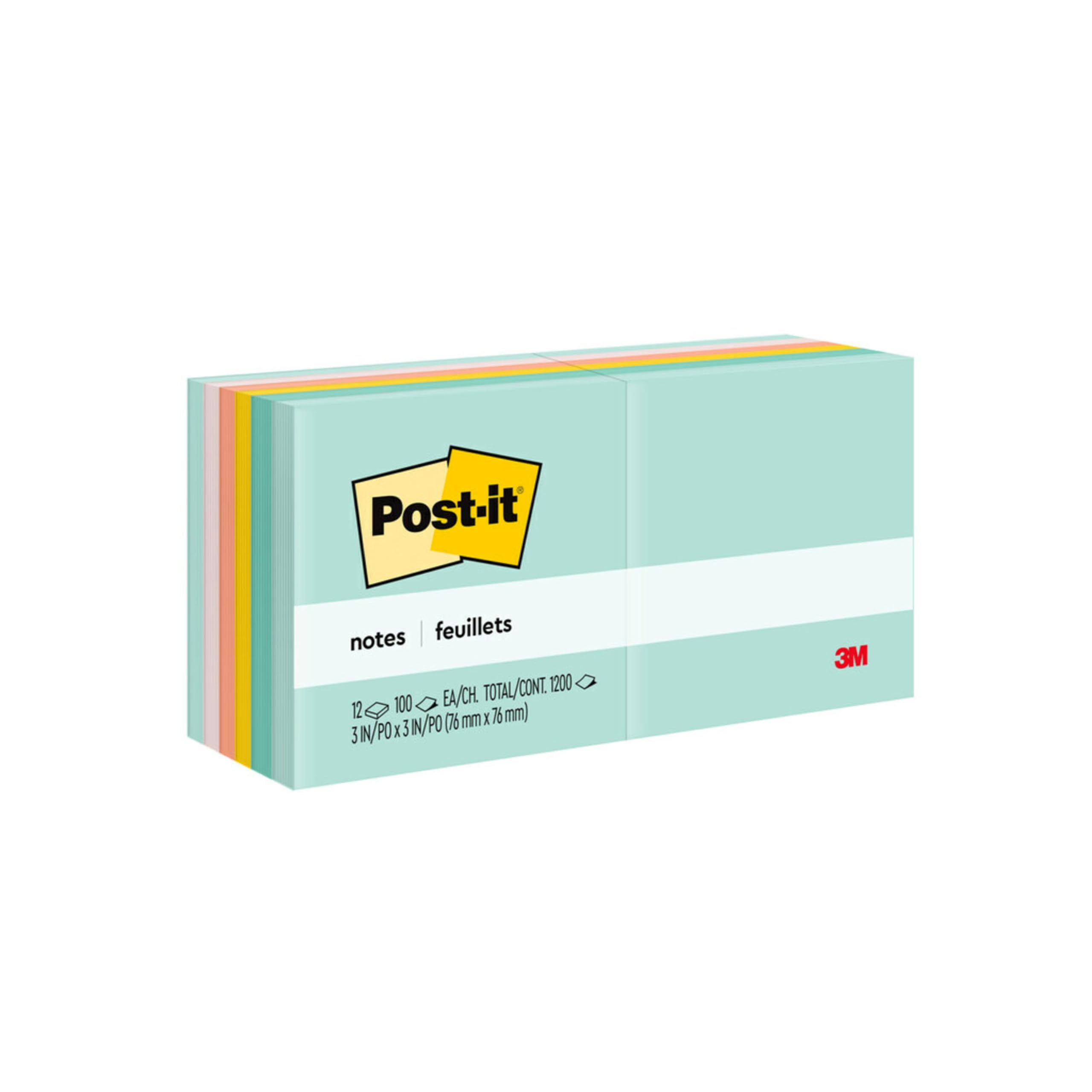 Post-it Notes, 3 in x 3 in, 12 Sticky Note Pads, 100 Sheets per Pad, Beachside Cafe Collection, School Supplies and Office Products