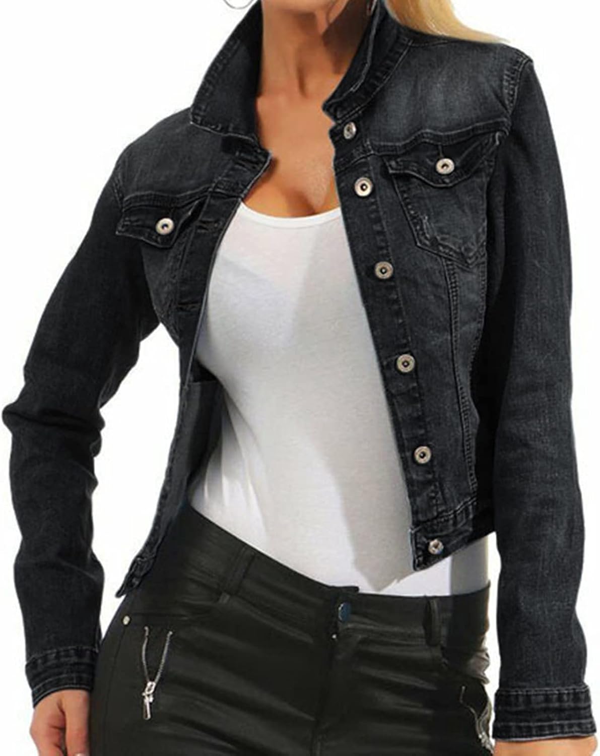 JEsilunmaMY Women's Washed Trucker Jacket Long Sleeve Button Down Casual Jean Jacket Slim Fit Stretchy Denim Shacket Coat