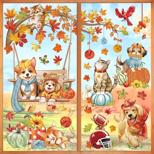 wondever Fall Animals Pets Window Clings Autumn Tree Branch Dogs Cat Swing Glass Sticker Decal Anti Collision Double-Side Static Window Stickers for Home Glass