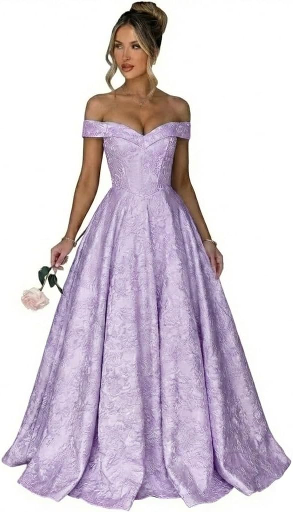 Women's Off Shoulder Long Prom Dress for Women Satin Ball Gown