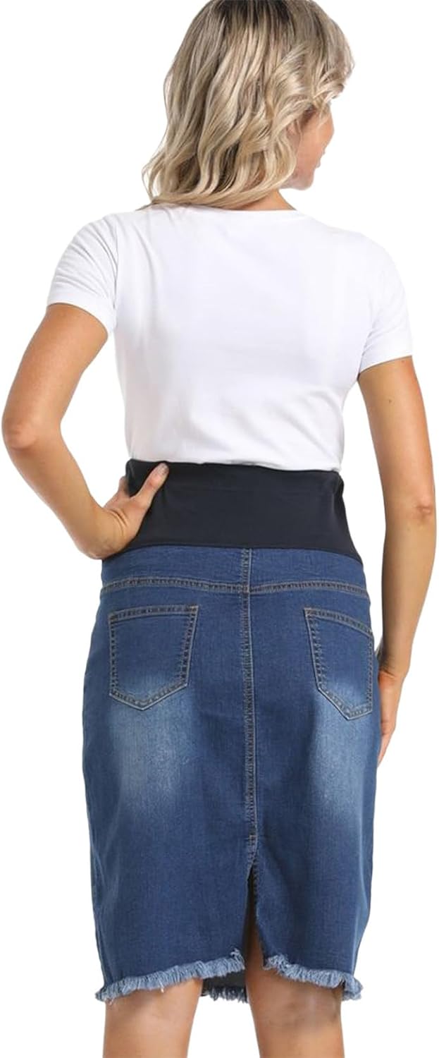 Maternity Denim Pencil Skirt Over The Bump Design with Functional Pockets for Expectant Women