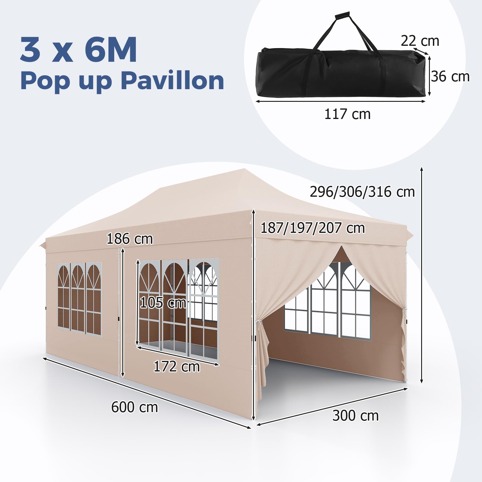 COSTWAY Pavillon 3x6m, Pop Up Faltpavillon mit 6 Seitenwänden & 6 Sandsäcke, Gartenpavillon Wasserdicht Stabil Winterfest, UV Schutz 50+, Partyzelt mit Tragetasche für Garten Party Hochzeiten (Beige)