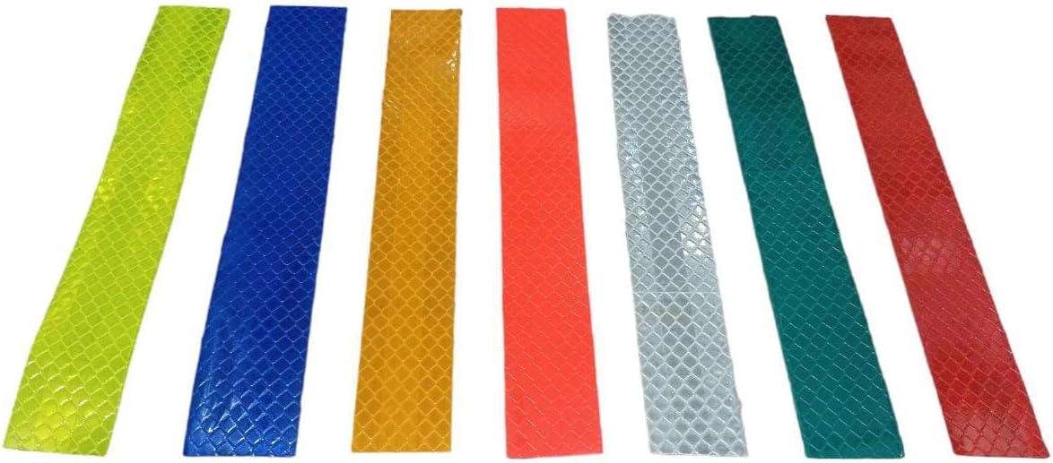 1 Inch (25.4 mm) Width x 3 Meter (10 Feet) Each, High Intensity Warning Retro Reflective Radium Conspicuity Sticker Tape Sheet Yellow, Red, White, Blue, Green, Orange & Neon Green (Set of 7)
