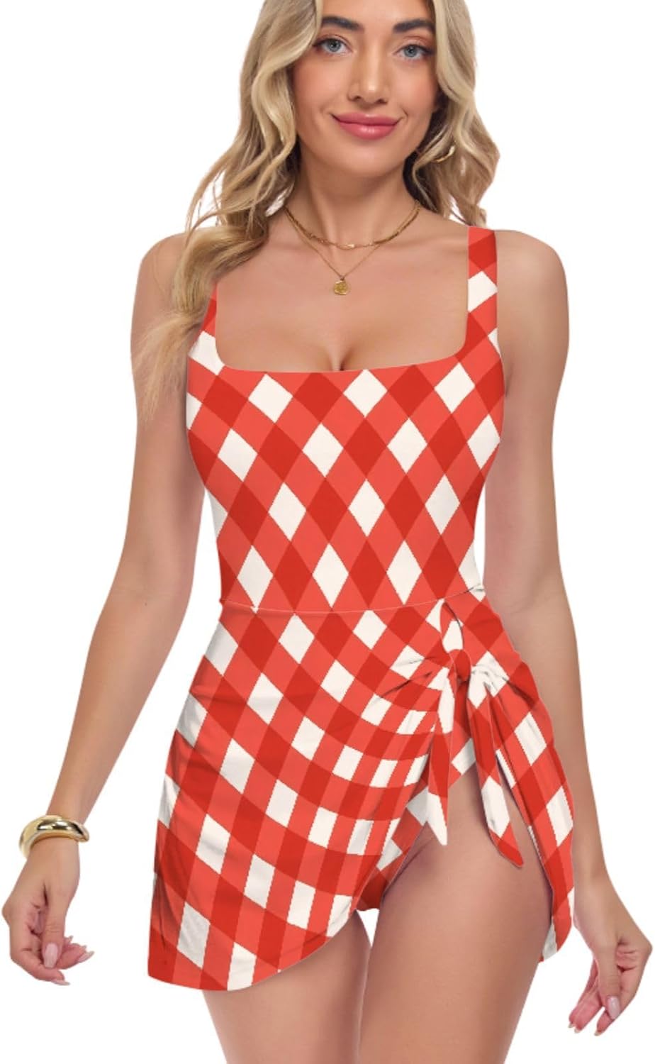 Red White Buffalo Checkered Plaid Women's One Piece Swimsuits Tummy Control Bathing Suits S A2300872