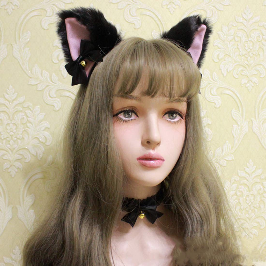 Fxaelian Animal Faux Fur Fox Cat Dog Ears Headband Halloween Cosplay Costume Party Headbands for Women Men Adult with Bell Black : Clothing, Shoes & Jewelry