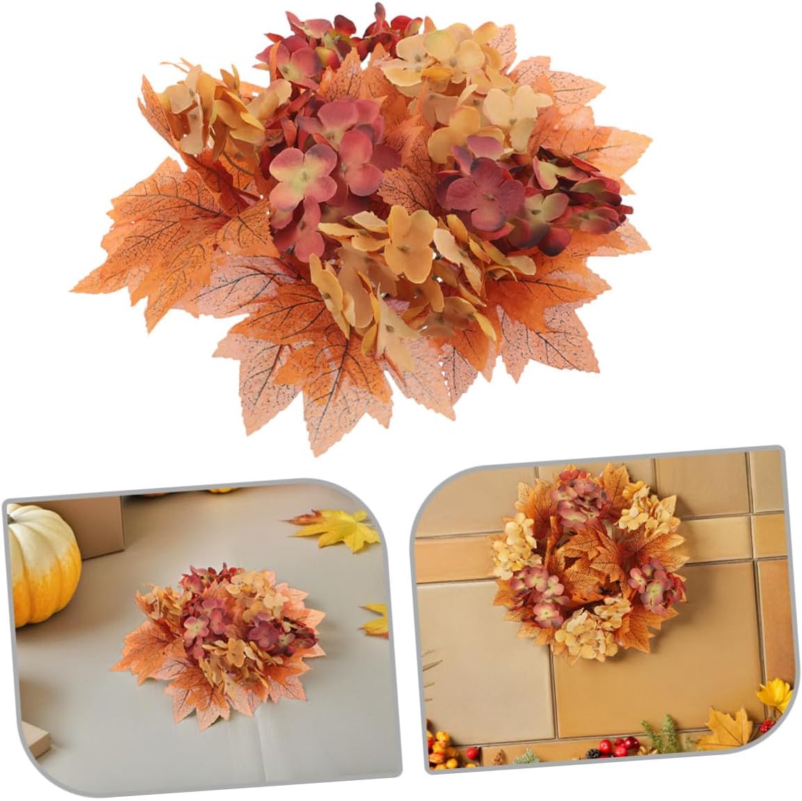 Lurrose 2pcs Autumn Candle Ring Holder with Artificial Maple Leaves and Pumpkin Garland Handmade Fall Floral Wreaths for Pillar Candles Thanksgiving Day Table Centerpieces Easy Maintenance