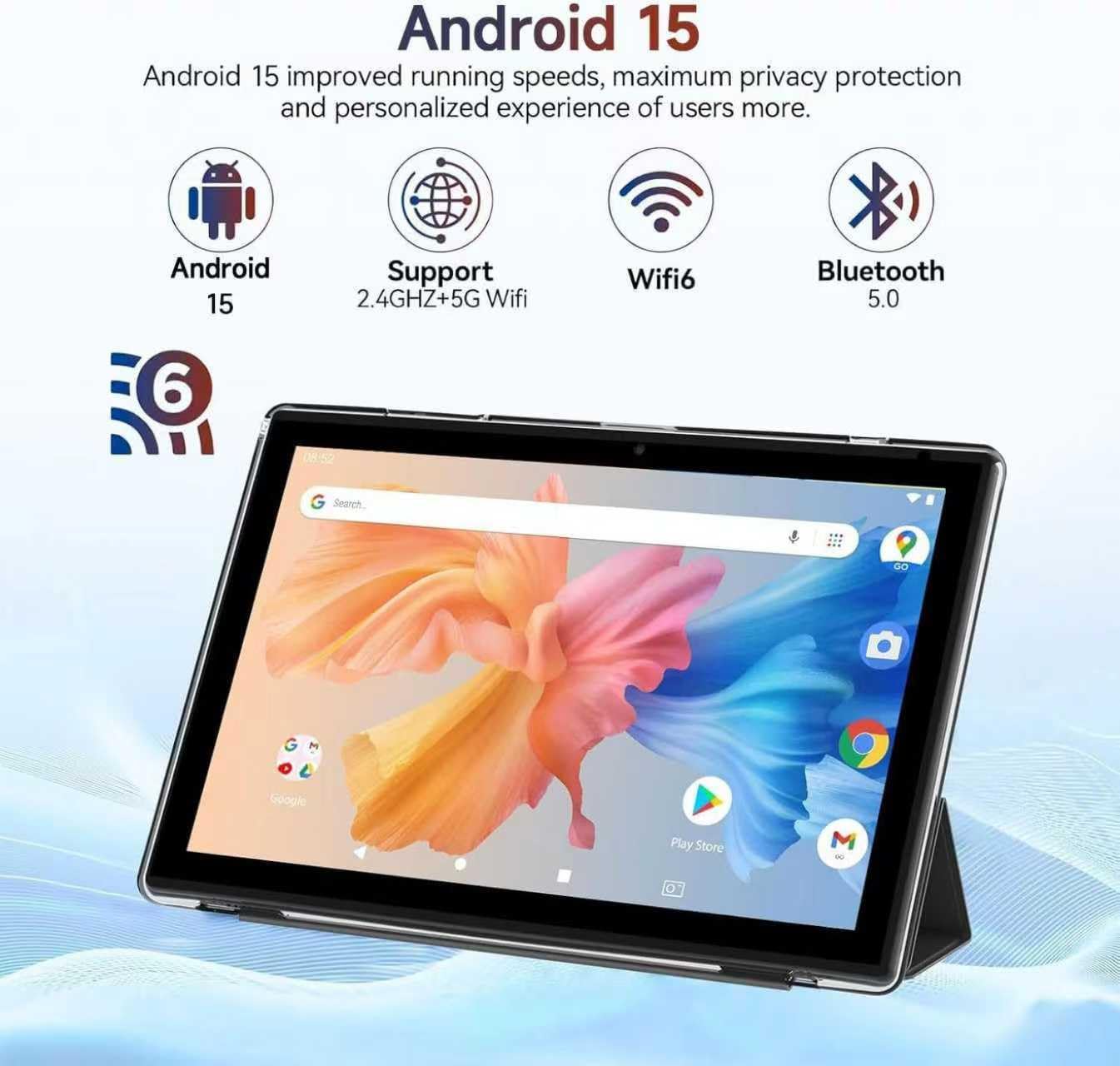 Android 15 Tablet, 10 Inch 8GB RAM+32GB ROM+1TB Expand, 1.8Ghz Quad-core Processor, 2 in 1 Tablets with Keyboard/ Mouse/ Case/ Stylus, 8MP Camera, 6000mAh Battery, 1280*800 HD Screen, 5G WiFi 6 Tablet