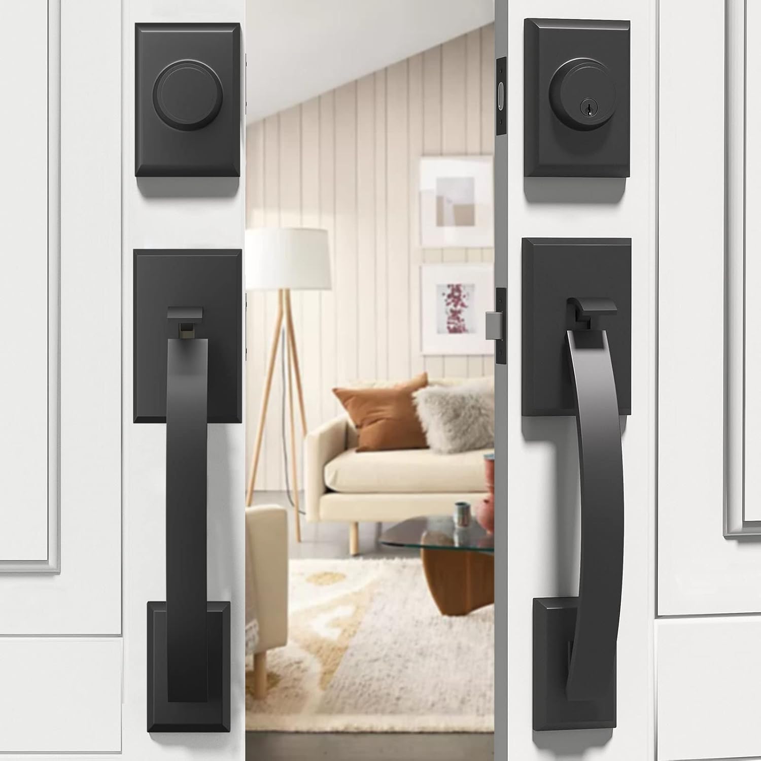Natsukage Front Door Handle Set Heavy Duty Double Door Lock Set Matte Black Double Door Handle Set with Dummy, with Single Cylinder Deadbolt and Lever Handle, Reversible for Right & Left Handed Doors