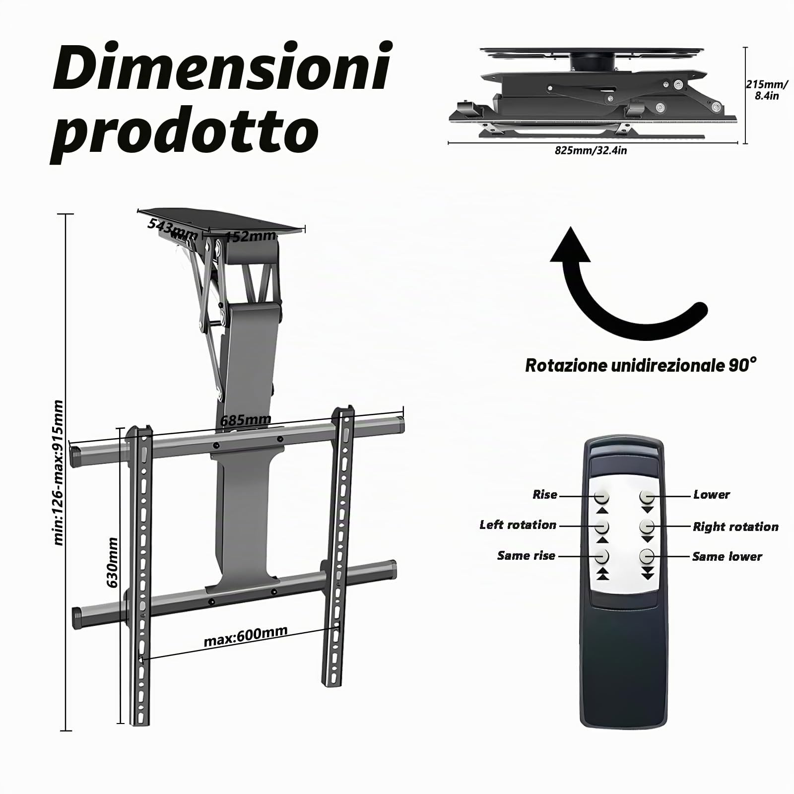 supporto motorizzato tv per soffitto ribaltabile e girevole, Regolazione dell'angolazione da 0 a 90° staffa tv soffitto motorizzata con telecomando per schermi da 32 a 70 pollici (black, 32-70 inch)
