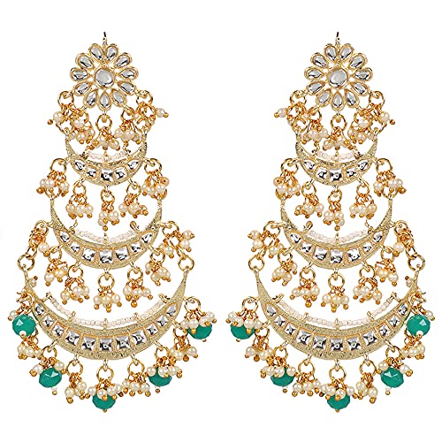 MUCH-MORE 18k Gold Plated Indian Stunning Antique Finish Chandbali Kundan & Pearl Earrings for Women Girls Bollywood Traditional Jewelry (GREEN)