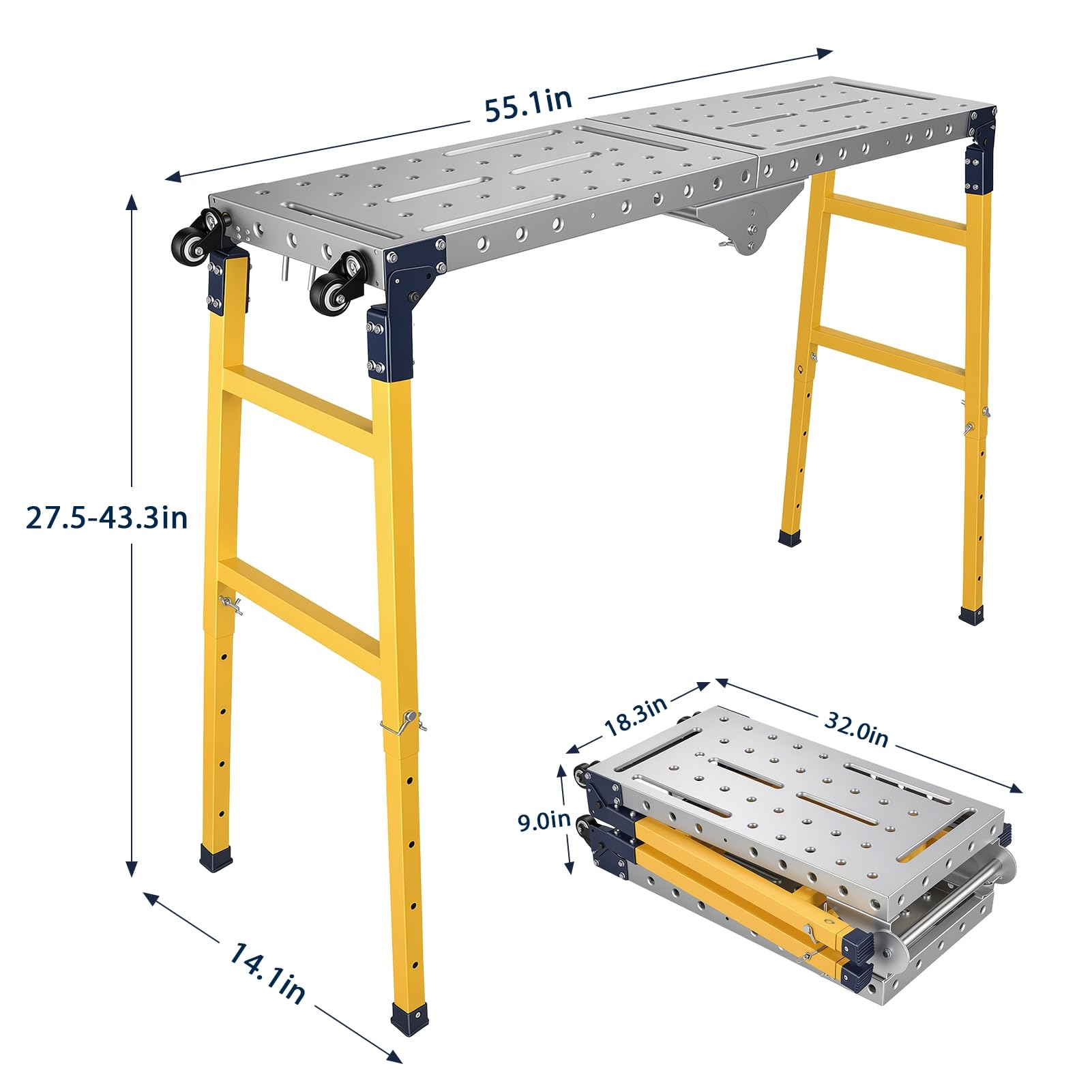 Piattaforma di lavoro regolabile, piattaforma di lavoro pieghevole con ruote e superficie antiscivolo, piattaforme per ponteggi in acciaio, capacità di 499 kg, per garage, officina, magazzino, 140 cm