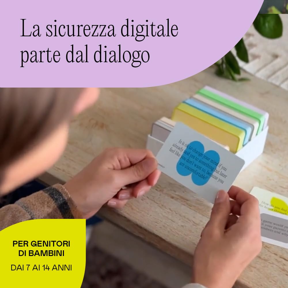 Crescere Cittadini Digitali. Con 200 carte da conversazione, il kit aiuta a promuovere un uso equilibrato degli schermi e a migliorare la comunicazione in famiglia.