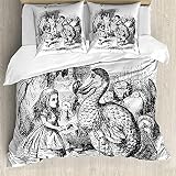 ABAKUHAUS Alicia Ensemble de Housse de Couette, Alicia y el Dodo Boceto, Estampado Lavable, 3 Piezas con 2 Fundas de Almohada, 200 cm x 200 cm - 80 x 80 cm, En Blanco y Negro