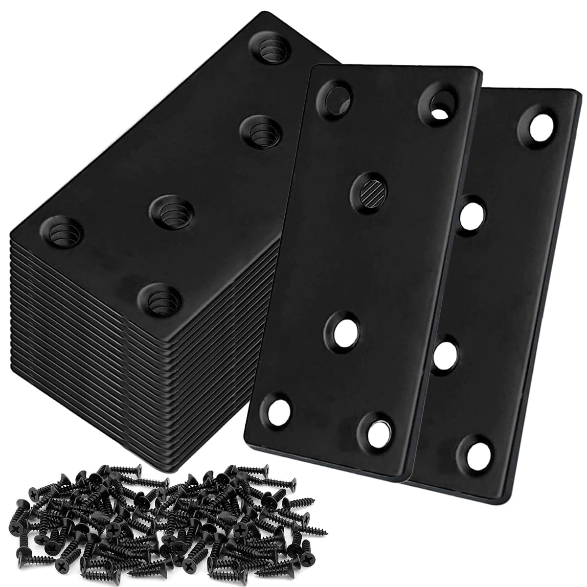 LOSYHU 20Pack 4x2 Inch Black Flat Mending Plates Flat Bracket, Stainless Steel Mending Joining Plates Repair Fixing Bracket for Wood Furniture Fence