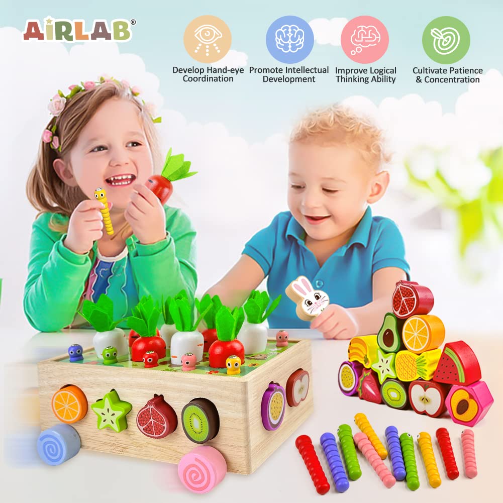 Airlab 7 w 1 zabawki edukacyjne Montessori dla dziewczynek chłopców w wieku 1 2 3 lat, drewniana gra w zbieranie marchewek, zabawki sensoryczne dla dzieci sortowanie owoców puzzle prezenty urodzinowe