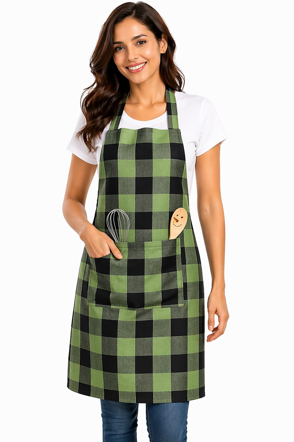 PIXEL HOME DECOR© Delantal de cocina de algodón con correa ajustable para el cuello y lazos con bolsillo central con algodón resistente y duradero, color verde menta
