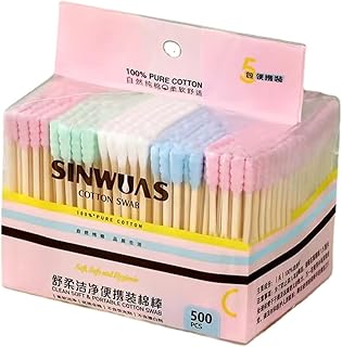 SINWUAS Colored Cotton Swabs 500pcs Biodegradable Ear Cleaning Cotton Swabs Makeup Tools Pointed Spiral Round Head Pink Green Blue Cotton Swabs (500Count)