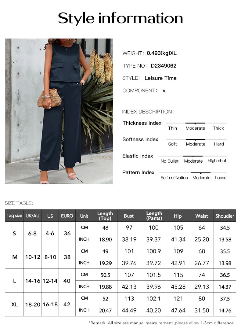 Ensemble Pantalon 2 Pièces Femme, Beige Gilet Court Sans Manches À Col Ras Du Cou Avec Poche Taille Élastique Pantalon Large Tenue D'Été Sexy Slim Fête Voyage Sortie Ensembles
