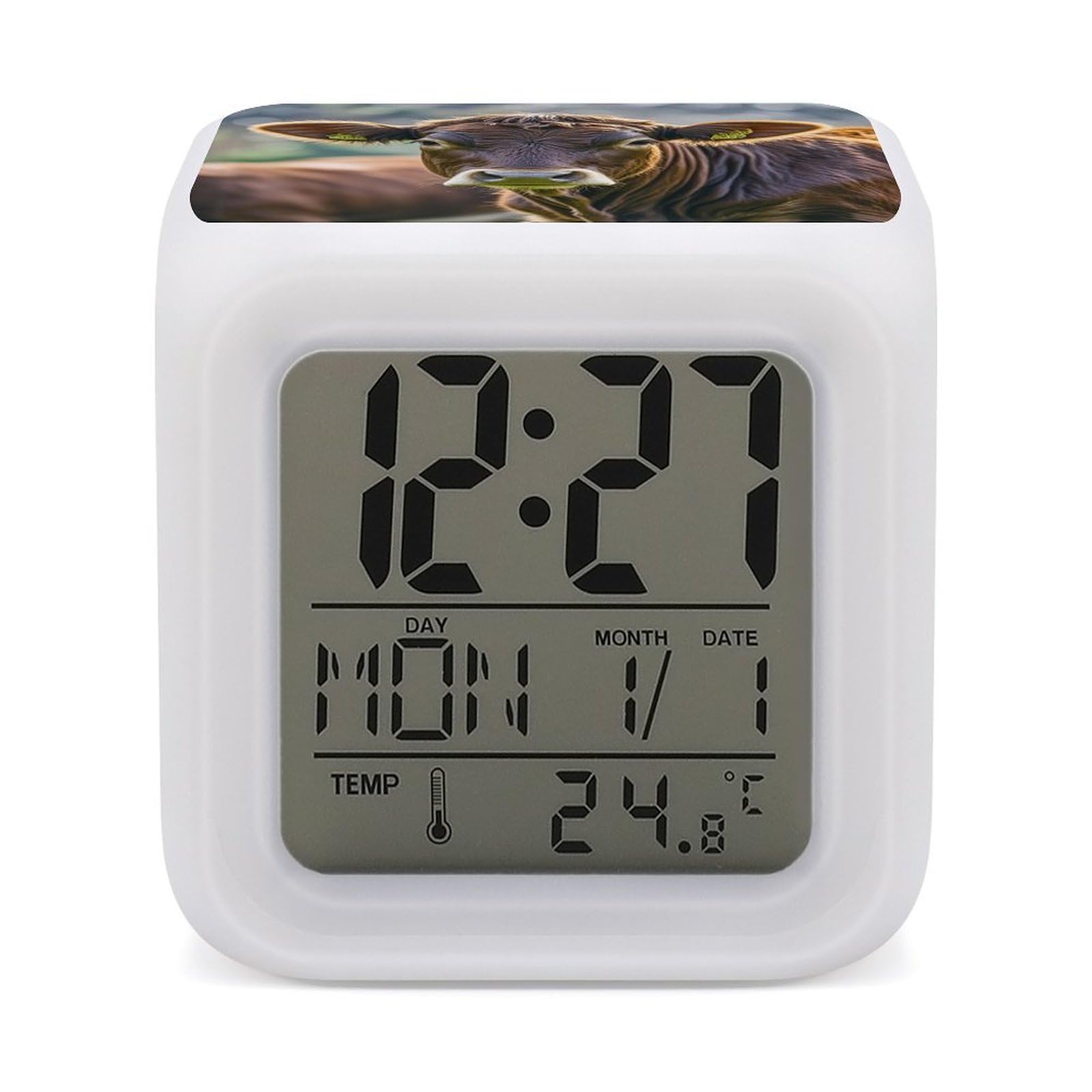 LZQPOEAS Cow in Brown Alarm Clock Desk Clock with 7 Color Changing Night Light Digital Clocks with Temperature Display Sleep Training and Sound Machine for Heavy Sleeper