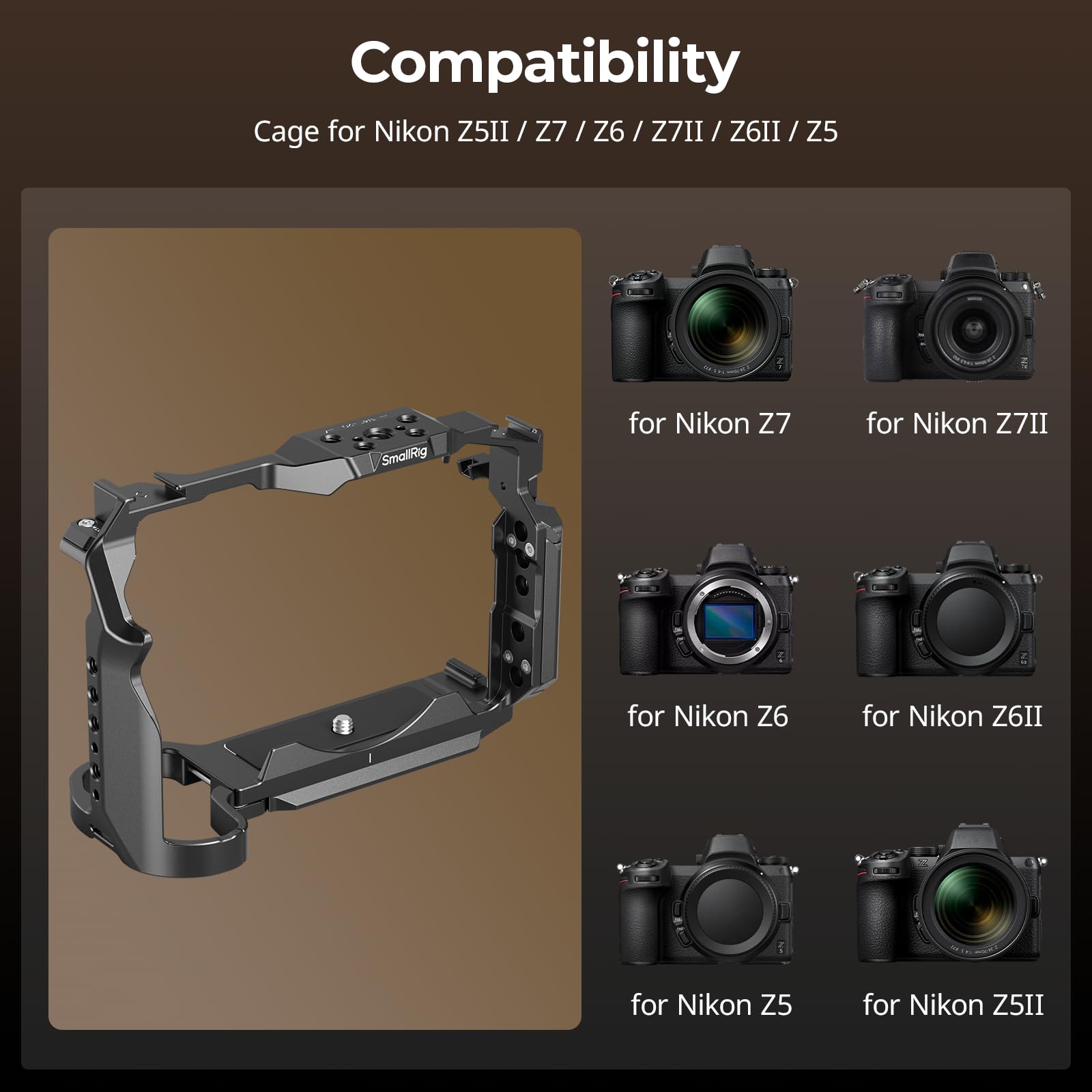 SMALLRIG Cage pour Nikon Z5 II, Z5, Z6, Z6II, Z7, Z7II, Cage en Alliage d'Aluminium avec Support pour Griffe, Trous filetés 1/4''-20 et 3/8''-16, Plaque de Fixation Rapide pour Arca-Swiss - 5257