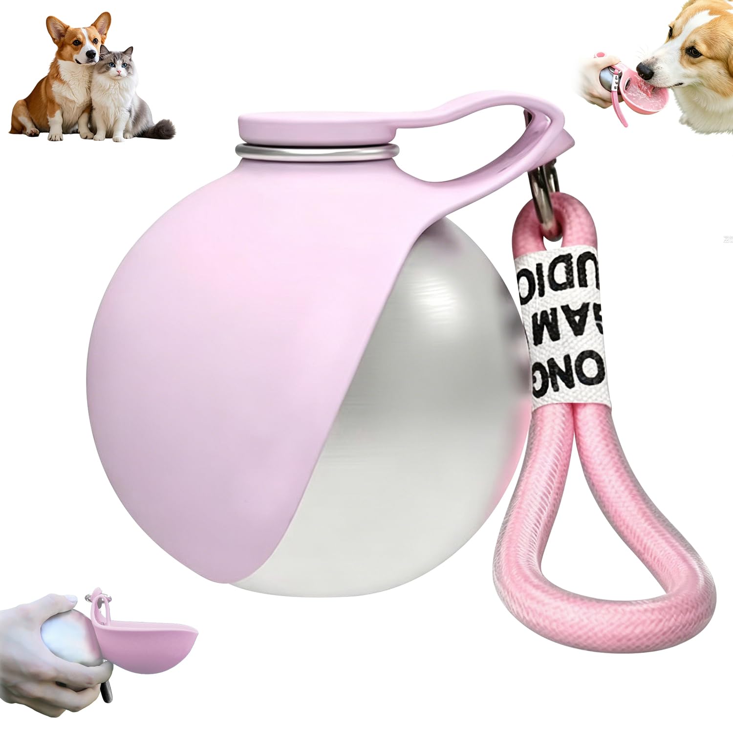 2 in 1 Portable Dog Water Bottle: 285ml Stainless Steel Portable Dog Water Bottle with Foldable Bowl, Leak Proof Pet Water Dispenser, Water Return Design for Walking, Travel and Outdoor Use (Pink)
