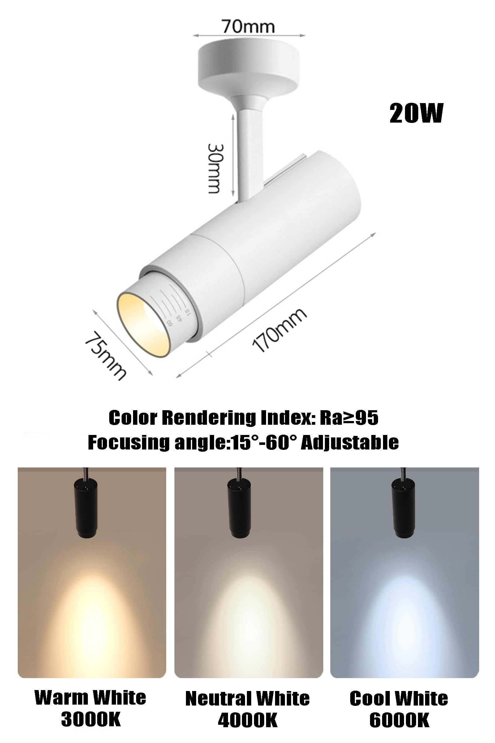 20W Foco LED con zoom, ángulo de haz ajustable de 15-60 ° para techo, luz de punto de acento con cable montaje en superficie para imágenes, plantas, pintura, CRI 95, Blanco Neutro-4000K