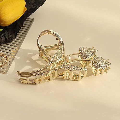 Miniatura 6 de Pinzas para el cabello con diseño de flores, pinzas grandes de metal dorado con diamantes de imitación, accesorios de peinado con forma de tulipán