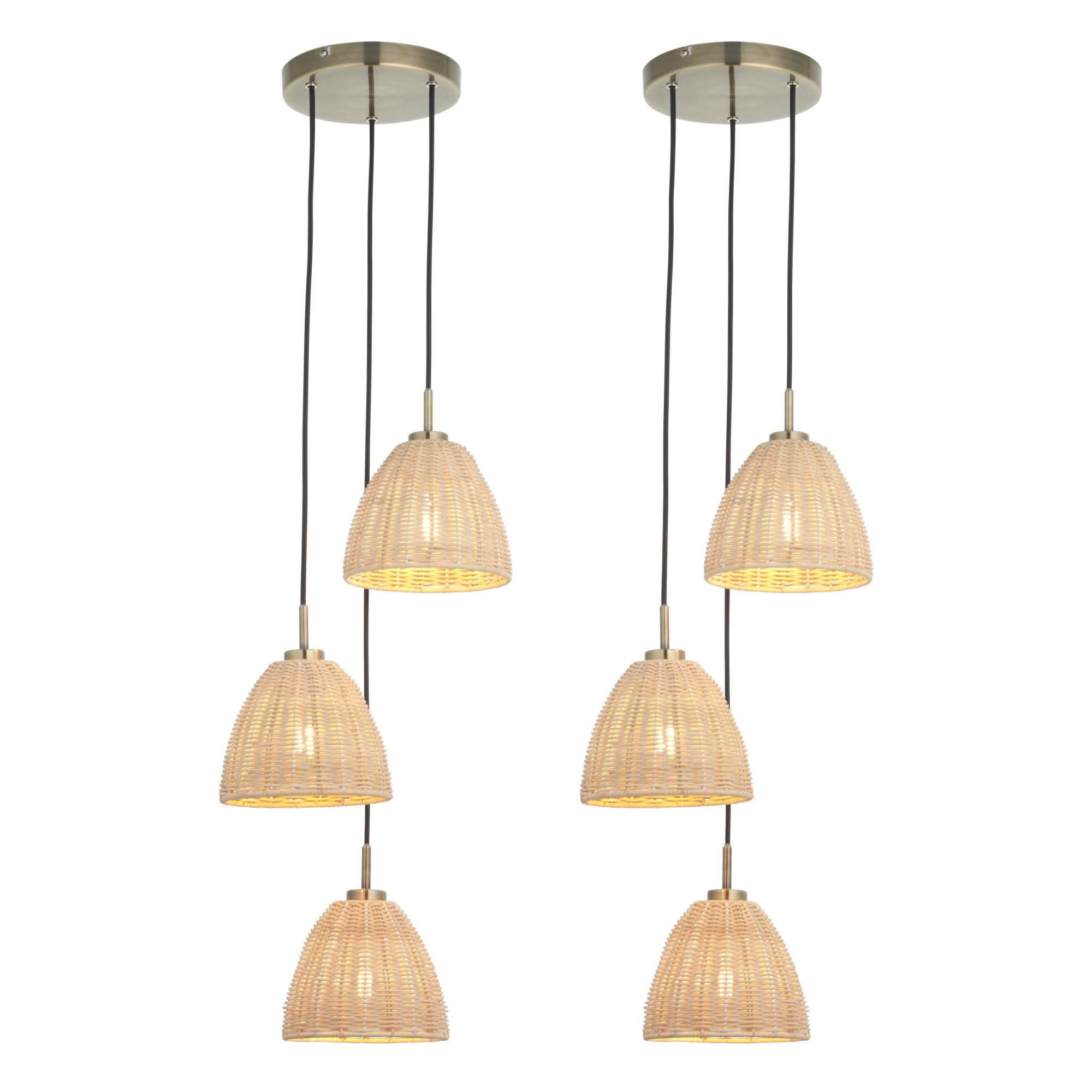 firstchoicelighting Set of 2 Antique Brass Ceiling Pendant Lights, Natural Rattan Shades, 3 Way Modern Cluster Design, Height Adjustable