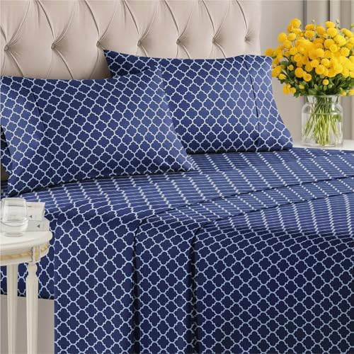 Geometric Bed Sheets - 1 Flat & 1 Fitted Sheet & 2 Pillowcases w/ Deep Pockets – Wrinkle & Fade Free- Ultra-Soft, Breathable and Cooling - Luxury Moroccan Bed Set – Queen Size - Quatrefoil - Thumbnail 2
