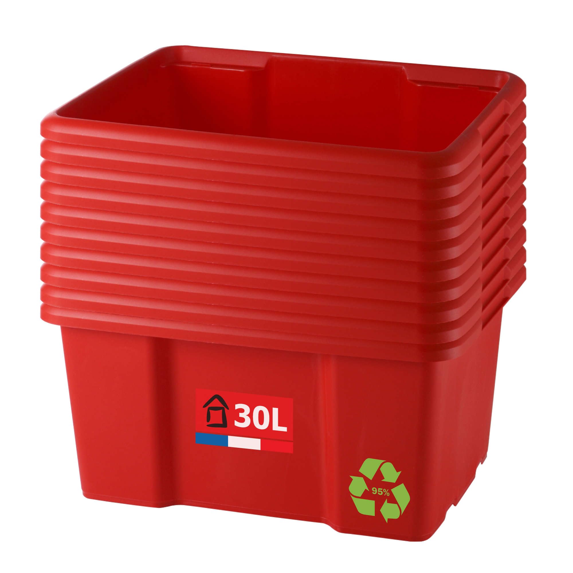 Sundis set di 10 scatole portaoggetti da 30L, rosso, L.46,5xl.36,5x H23cm, in plastica riciclata, impilabili, ideale per l'officina, il bricolage o il trasporto