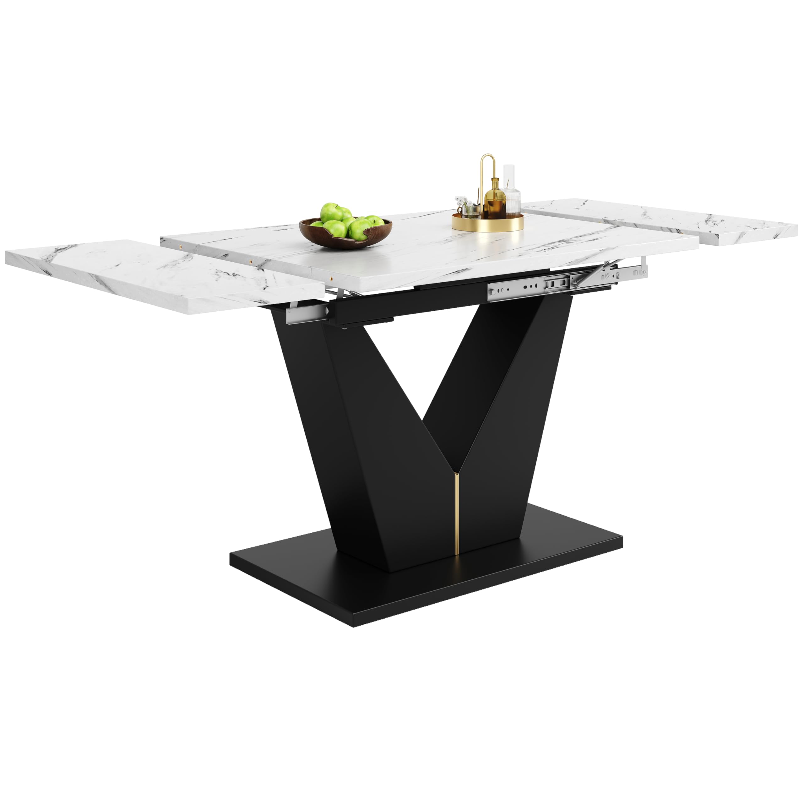 Idemon (99-159 × 75 cm), Mesa de comedor extensible, ahorra espacio, amplia superficie de trabajo, diseño flexible, adecuada para oficina en casa y sala de estar, tablero blanco con forma de V