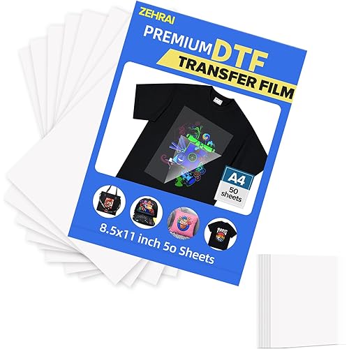 ZEHRAI 50 Sheets DTF Transfer Film 8.5" x 11" Double Sided Matte, Clear Cold Peel, Direct to Film Heat Transfer Film for All Fabric and Colors T-Shirts Textile
