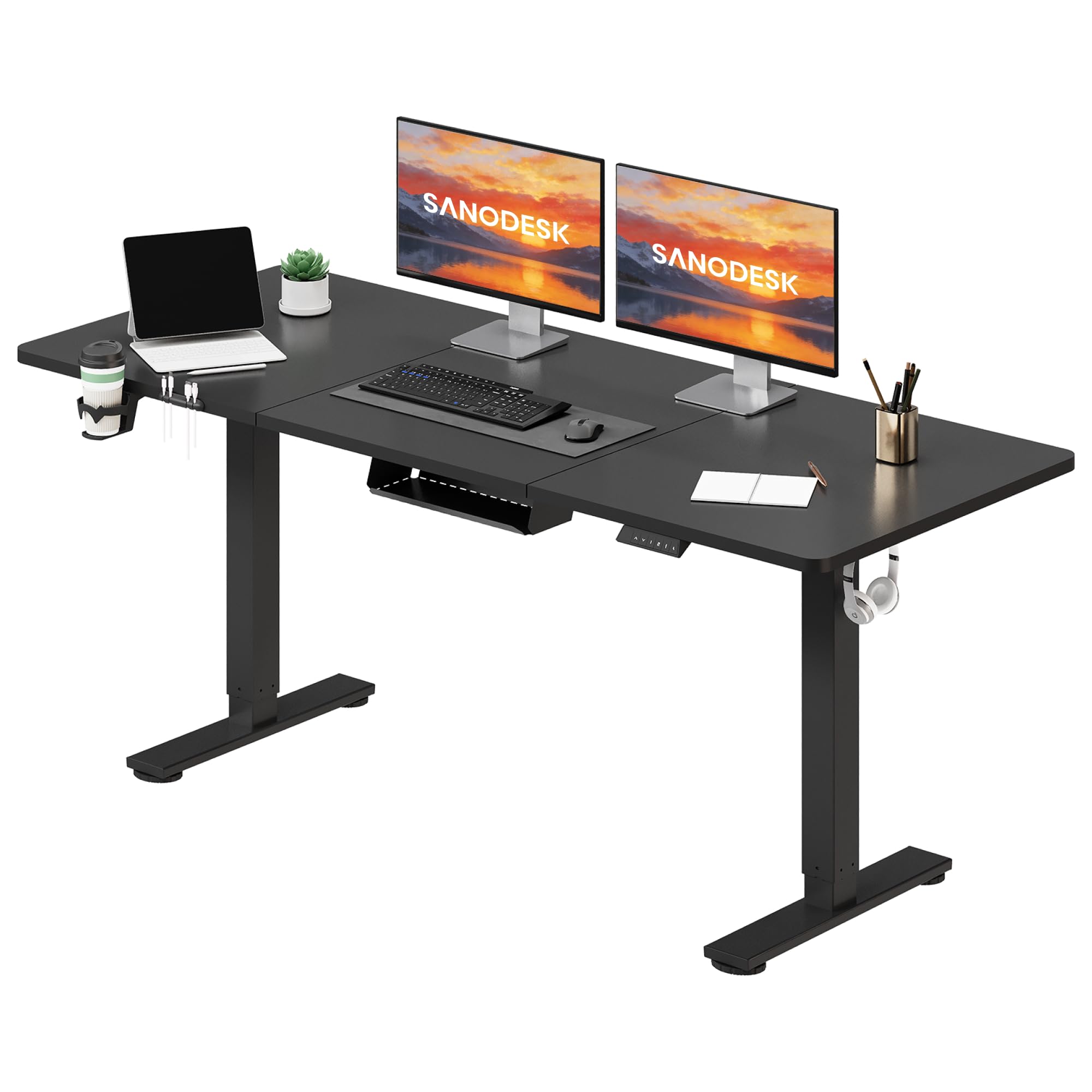 SANODESK Electric Height Adjustable Standing Desk 160 * 60cm With Cable Management and Under Desk Storage Adjustable Desk 4-Memory Smart Pannel With Hooks&Cupholder (Black Frame+Black Desktop) โ image 1