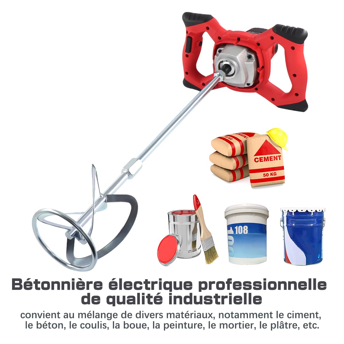 Malaxeur Mortier Colle (2100W, 0-800 r/min, avec 6 vitesses réglables, fonctionnement à verrouillage), Mélangeur de Ciment et électrique Portable Professionnel