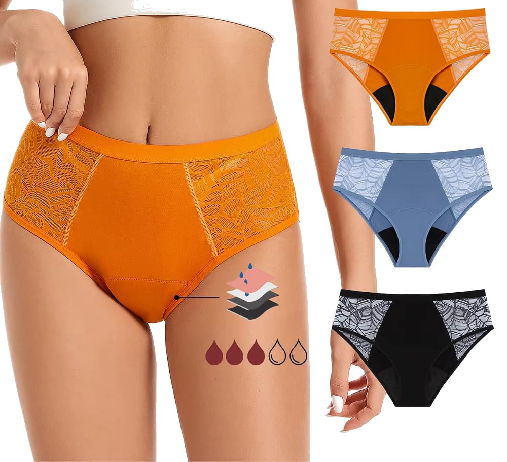 Braguitas Menstruales para Mujer de Encaje para Posparto Con Flujo Abundante Absorbentes A Prueba de Fugas de Algodón Transpirables Suaves Color Naranja Azul y Negro Talla L