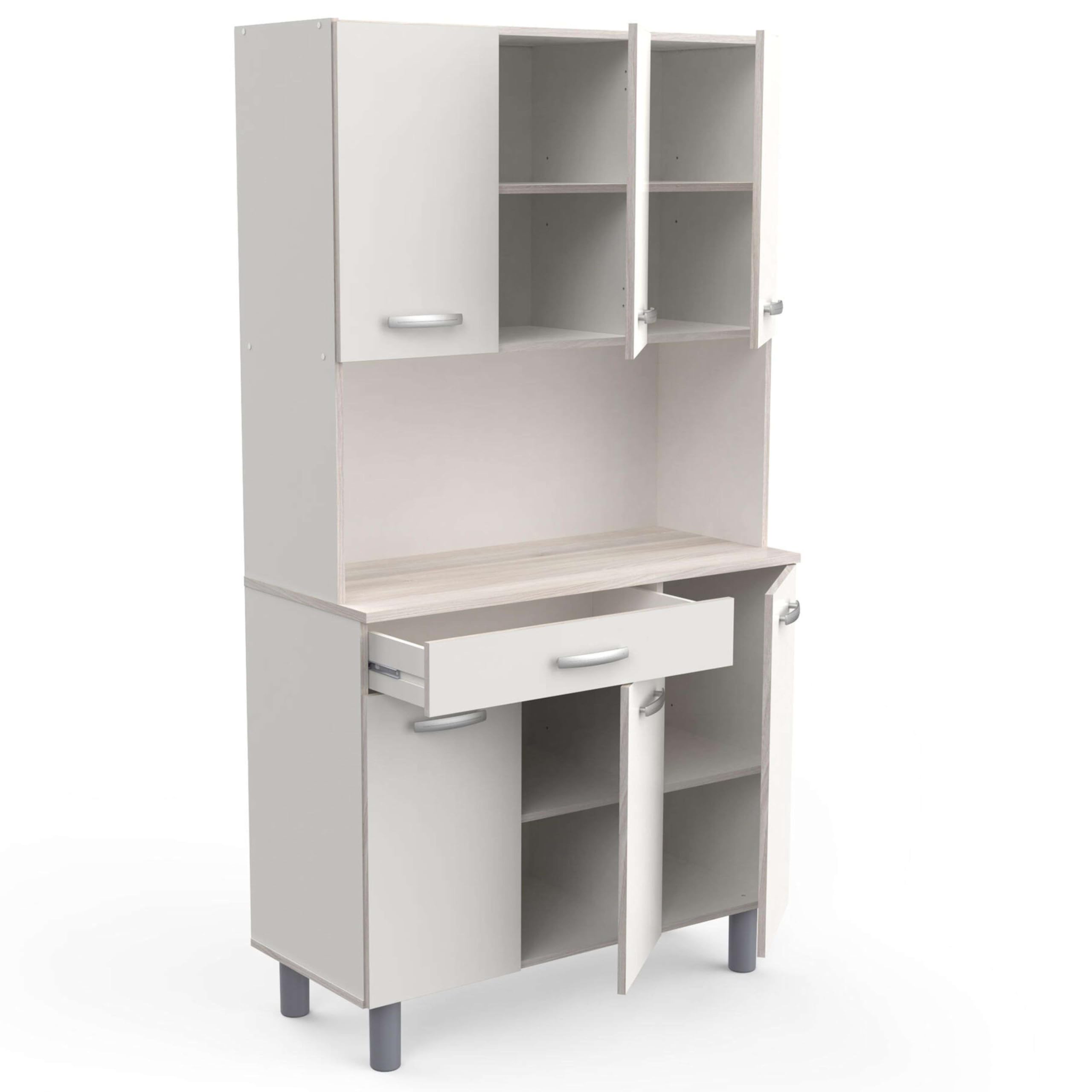 Mueble Auxiliar Cocina, Armario Cocina, Alacena Cocina Buffet 6 Puertas Blanco y Roble Acacia 101x185 cm