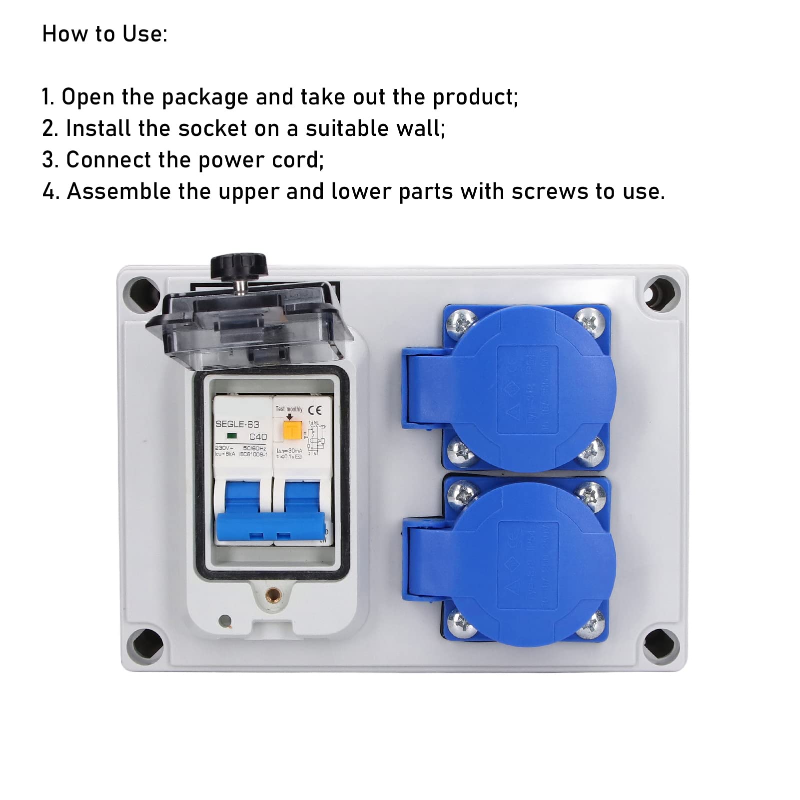 Eujgoov SGKJ-2C 2-pozycyjne Niemieckie Gniazdo Wodoodporny ABS Shell Power Outlet Box 200-250V z 230V 40A 1P + N RCD