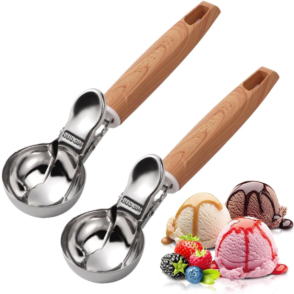 Set of 2 Stainless Steel Ice Cream Scoops - 1.85"x1.85" Deep Scoop with Spring-Loaded Release | Non-Stick Melon Baller for Fruits, Dessert & Cookie Dough