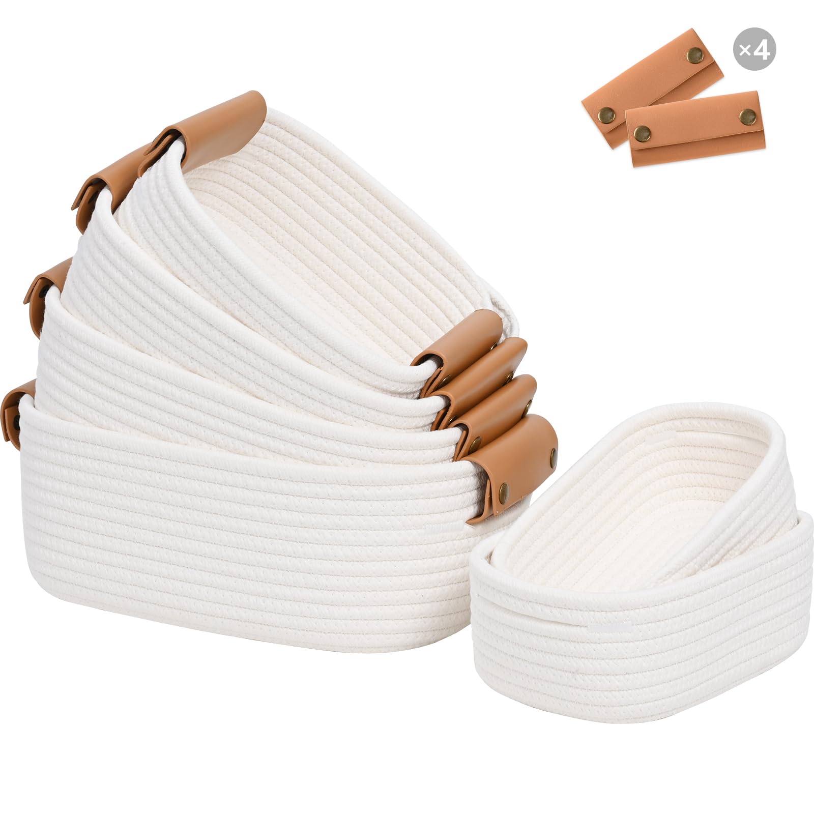 Storage Baskets for Organizing, Small Woven Basket Set of 6-4 Shelf Basket with Leather Handle and 2 Small Gift Baskets, Cotton Rope Basket for