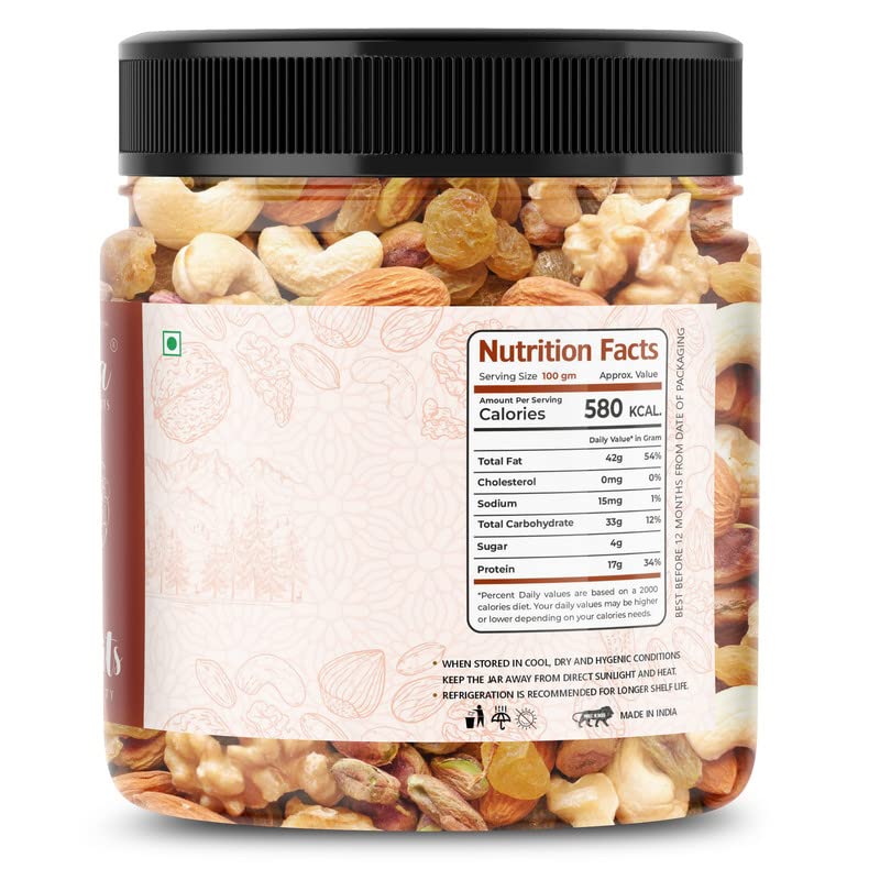 Image of LILA DRY FRUITS Natural Premium Dry Fruits Mix(Cashew, Almonds, Figs, Walnut 8 pcs, Black and Golden Raisins) 100g Jar Pack | Badam Giri, Kaju, Black & Golden Kishmish, Anjeer, Akhrot