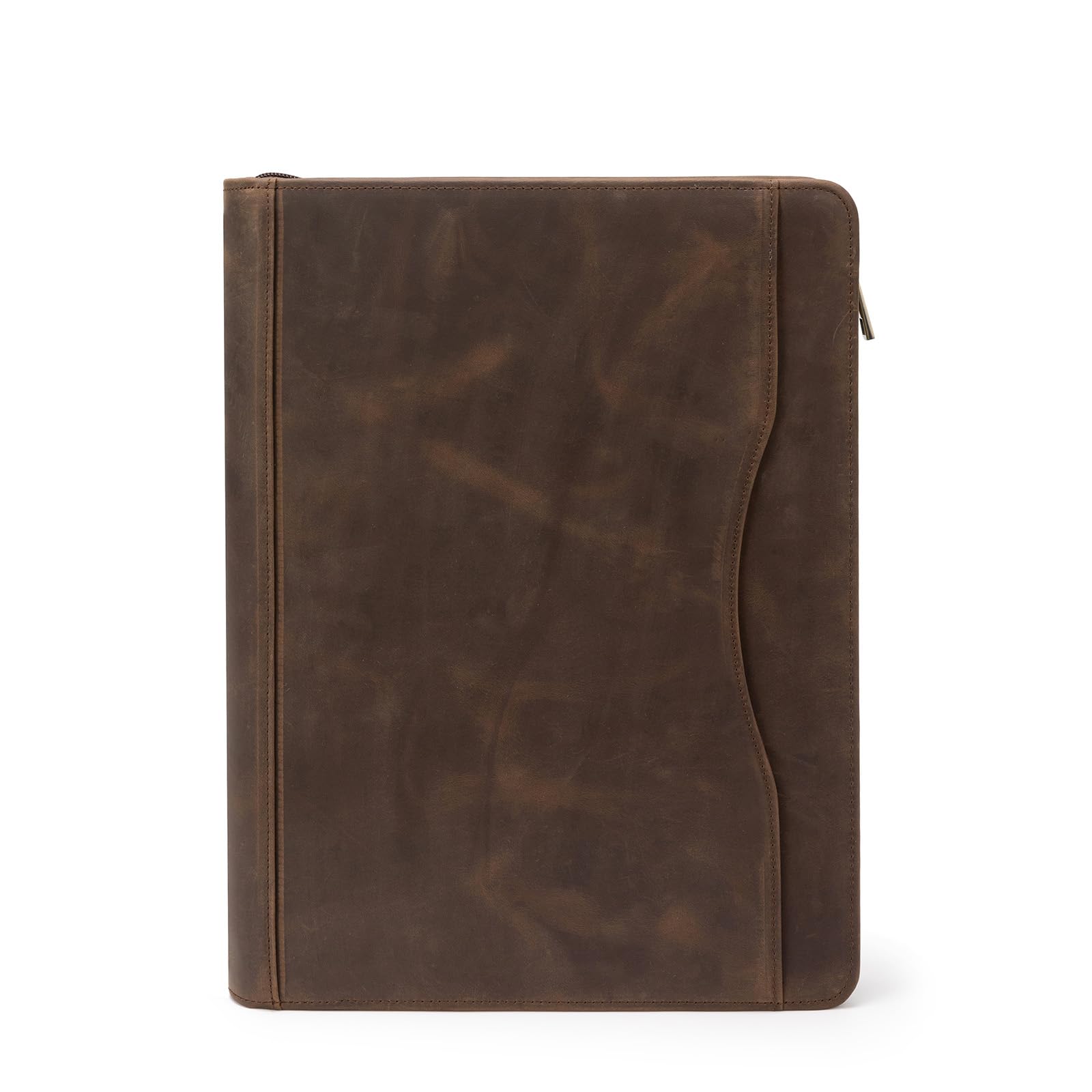 YIWENHandmade Crazy-Horse Leather 3 Ring Binder Portfolio Padfolio Folder with Zipper for Men and Women, Business Organizer for Letter A4 Size for Meeting and Travel (Non-Custom, Dark Khaki)