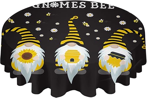 Waterproof Table Cloth Sweet Gnomes Bee Tablecloths Outdoor Protector Daisy Flower Bee Cute Cartoon Black Oil Proof Spill Proof Vinyl Table Cloth