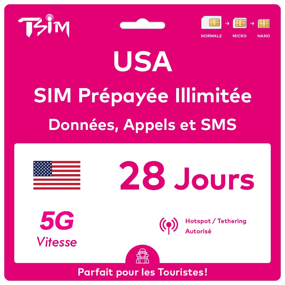 Carte SIM USA 28 Jours. Réseau T-Mobile avec données illimitées à Haute Vitesse en 5G/4G/LTE | Appels et SMS locaux illimités aux USA (Hawaï Inclus). Carte SIM 5G !